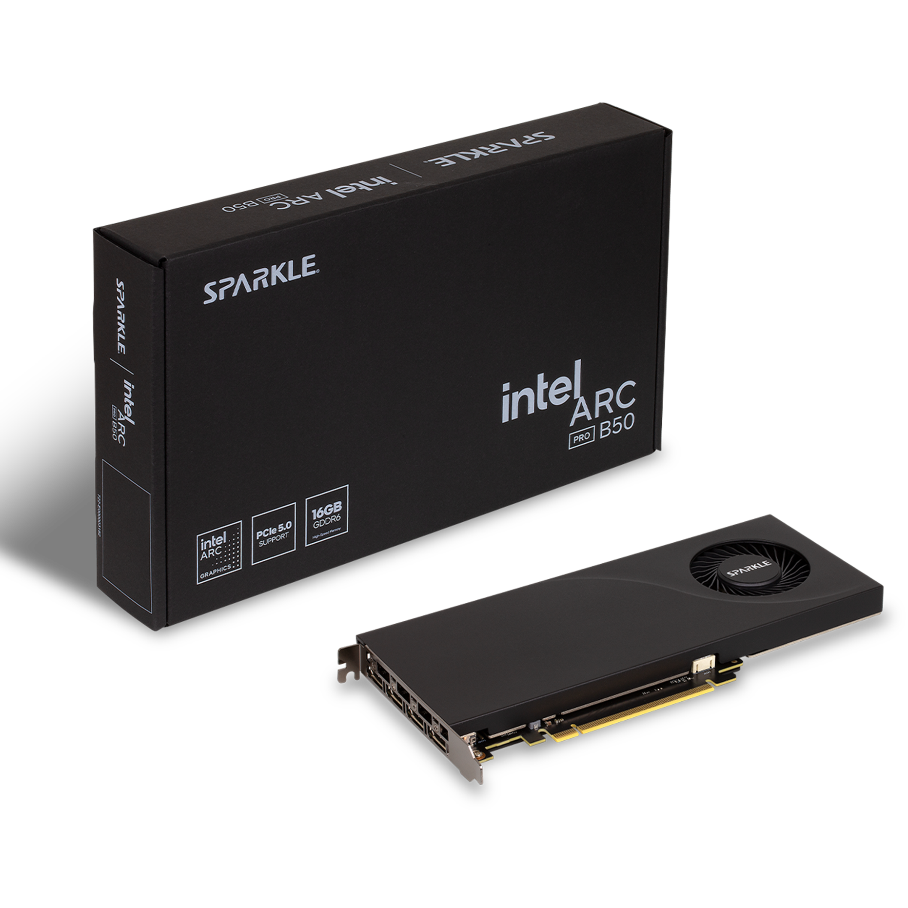 A large main feature product image of SPARKLE Intel Arc Pro B50 Blower 16GB GDDR6
