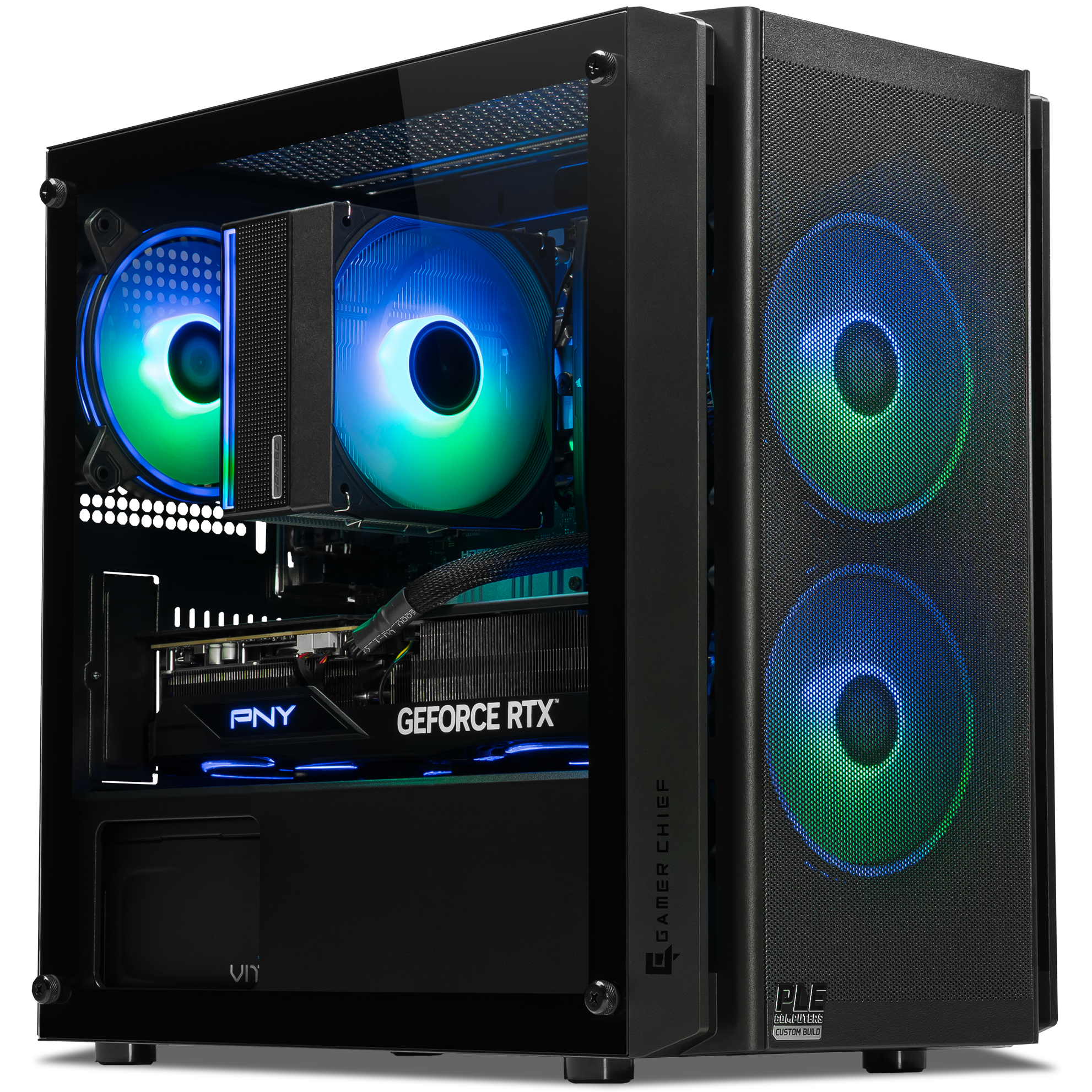 A large main feature product image of PLE Tidal RTX 5070Ti Prebuilt Ready To Go Gaming PC