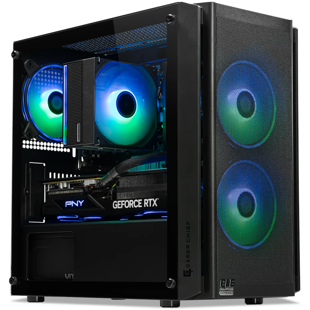 A large main feature product image of PLE Tidal RTX 5070Ti Prebuilt Ready To Go Gaming PC