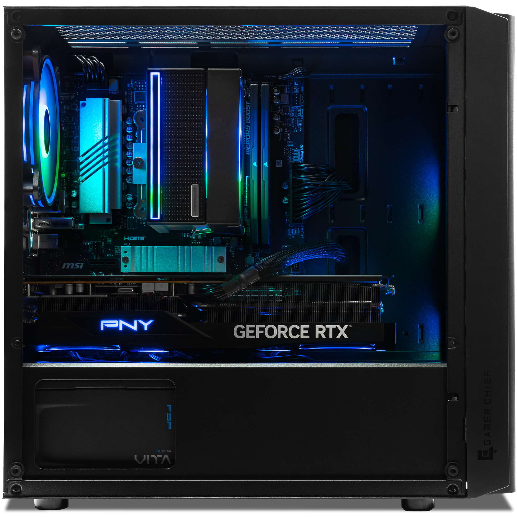 A large main feature product image of PLE Tidal RTX 5070Ti Prebuilt Ready To Go Gaming PC