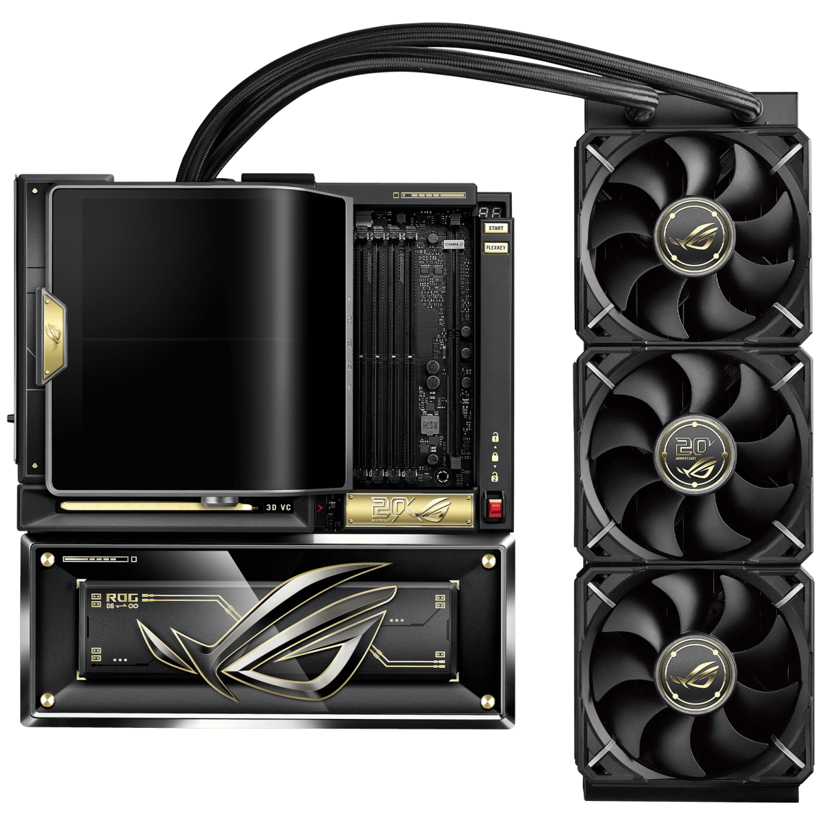 A large main feature product image of ASUS ROG Crosshair X870E AM5 eATX Desktop Motherboard - Edition 20 w/ ROG Ryujin 360 Edition 20