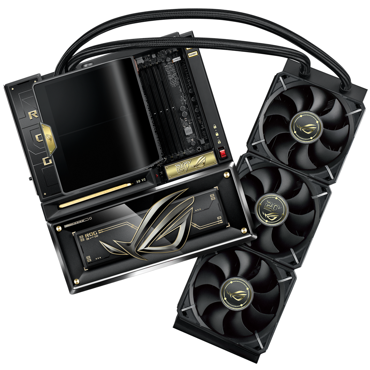 A large main feature product image of ASUS ROG Crosshair X870E AM5 eATX Desktop Motherboard - Edition 20 w/ ROG Ryujin 360 Edition 20