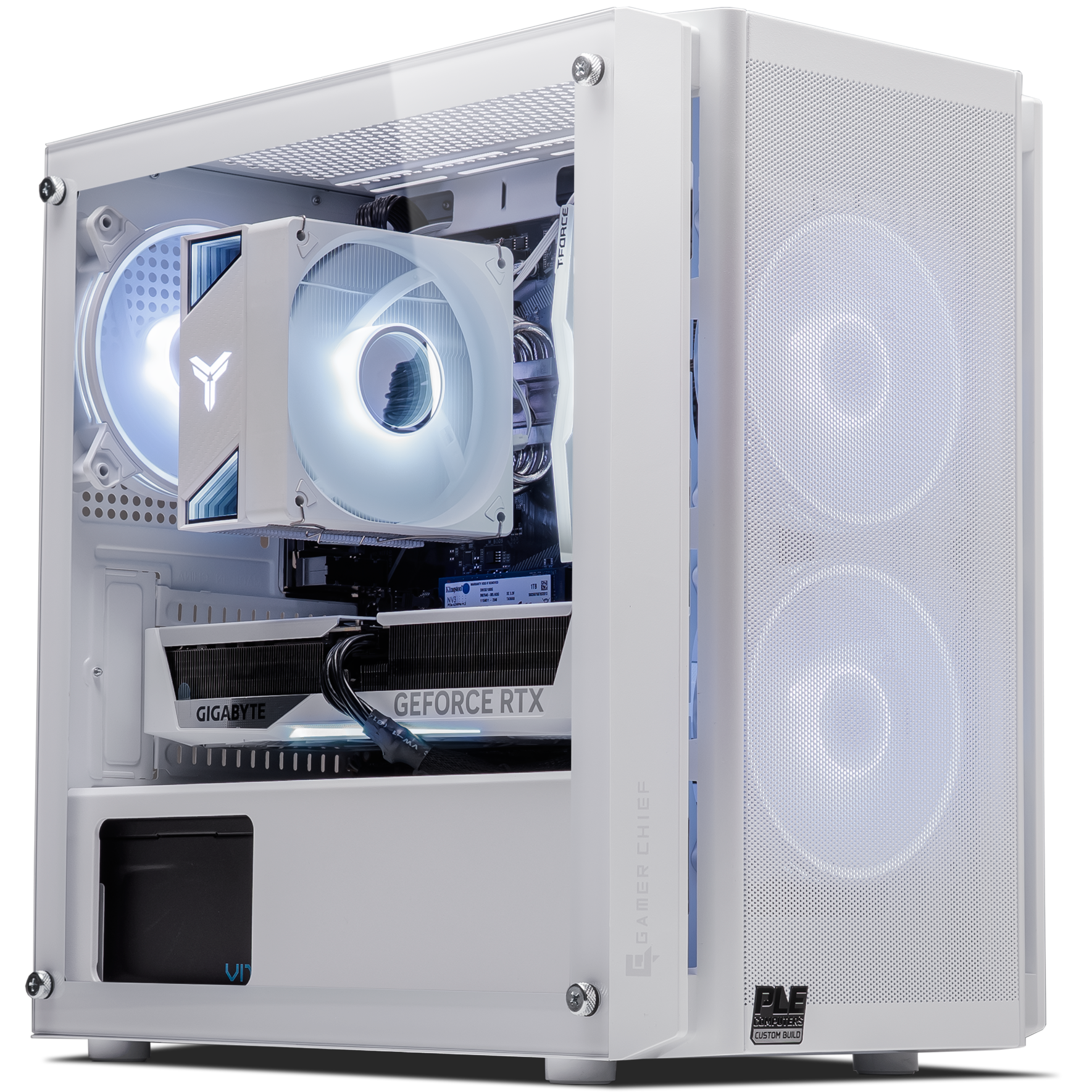 A large main feature product image of PLE Arctic RTX 5070 Prebuilt Ready To Go Gaming PC