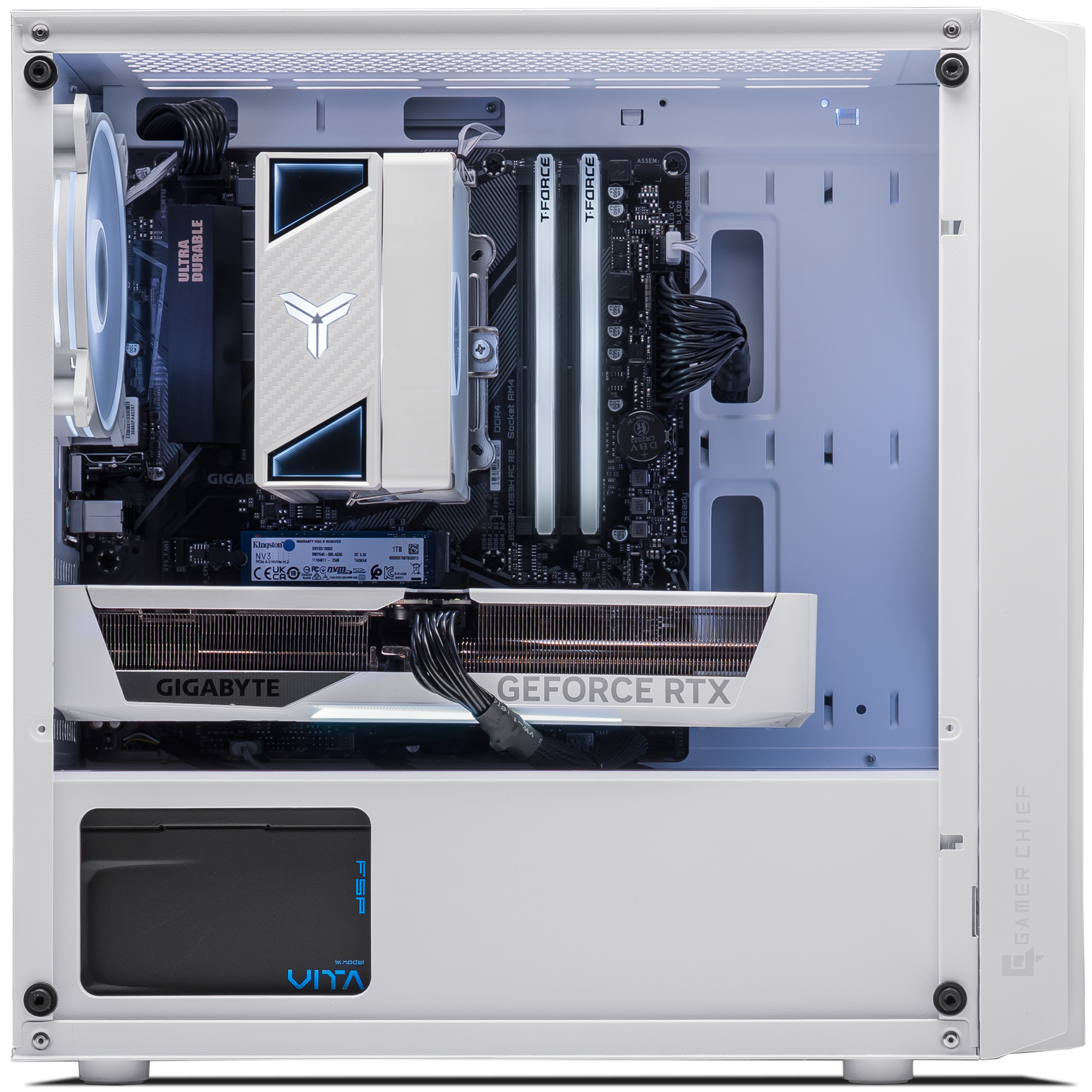 A large main feature product image of PLE Arctic RTX 5070 Prebuilt Ready To Go Gaming PC