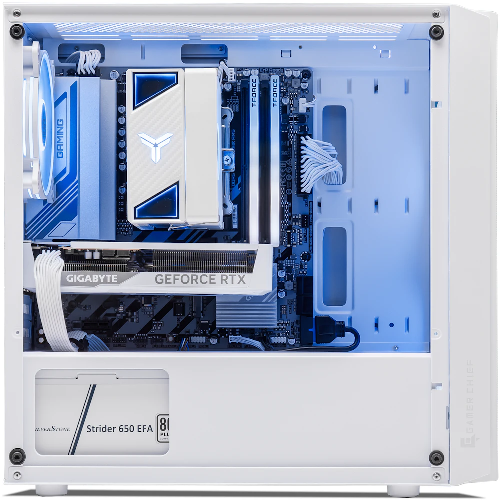A large main feature product image of PLE Frost RTX 5060 Prebuilt Ready To Go Gaming PC