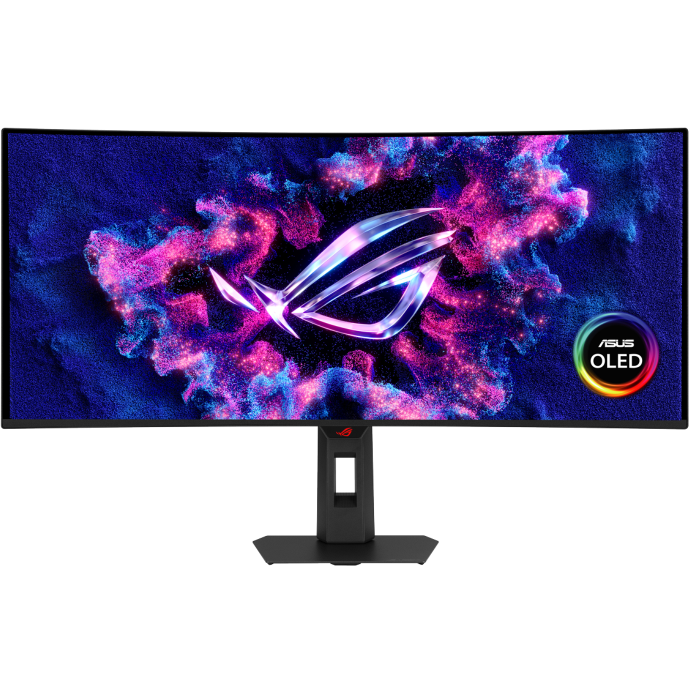 A large main feature product image of ASUS ROG Strix XG34WCDMS - 34" Curved 1440p 280Hz 0.03ms QD-OLED Gaming Monitor