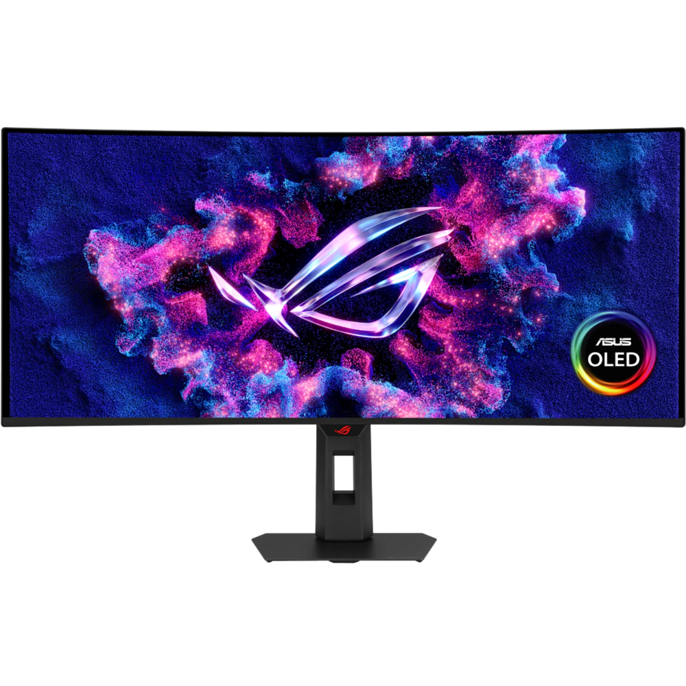 A large main feature product image of ASUS ROG Strix XG34WCDMS QD-OLED - 34" Curved 1440p 280Hz 0.03ms Gaming Monitor