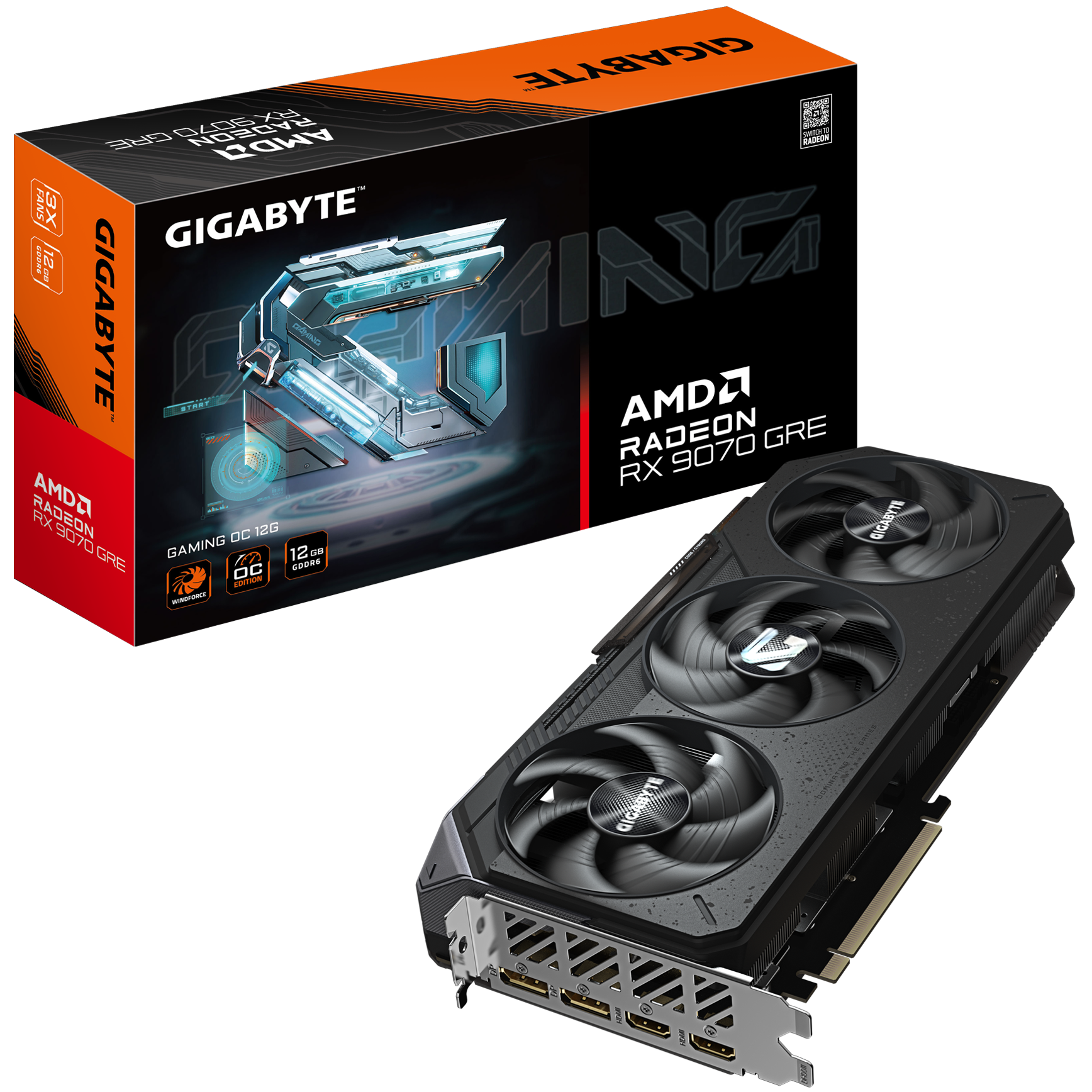 A large main feature product image of Gigabyte Radeon RX 9070 GRE Gaming OC 12GB GDDR6