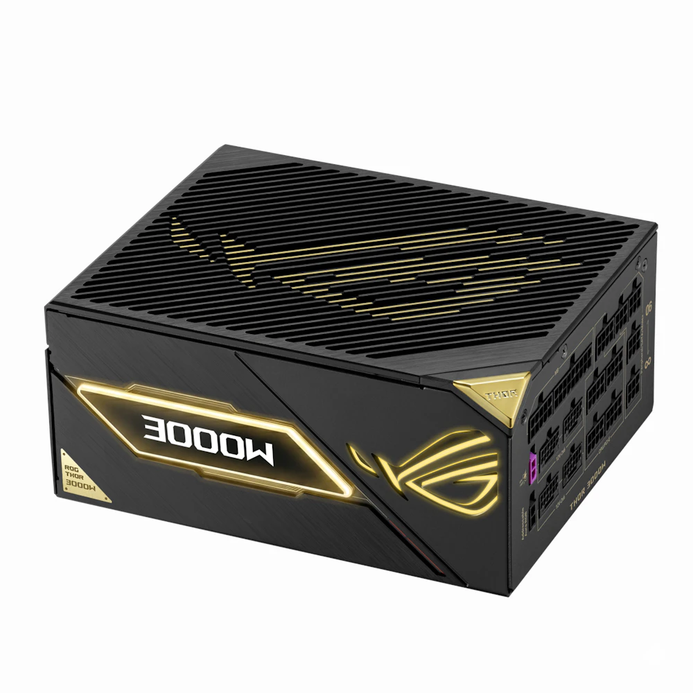 A large main feature product image of ASUS ROG Thor 3000W Titanium III PCIe 5.1 ATX Modular 15A PSU - Edition 20 w/ ROG Equalizer Cable