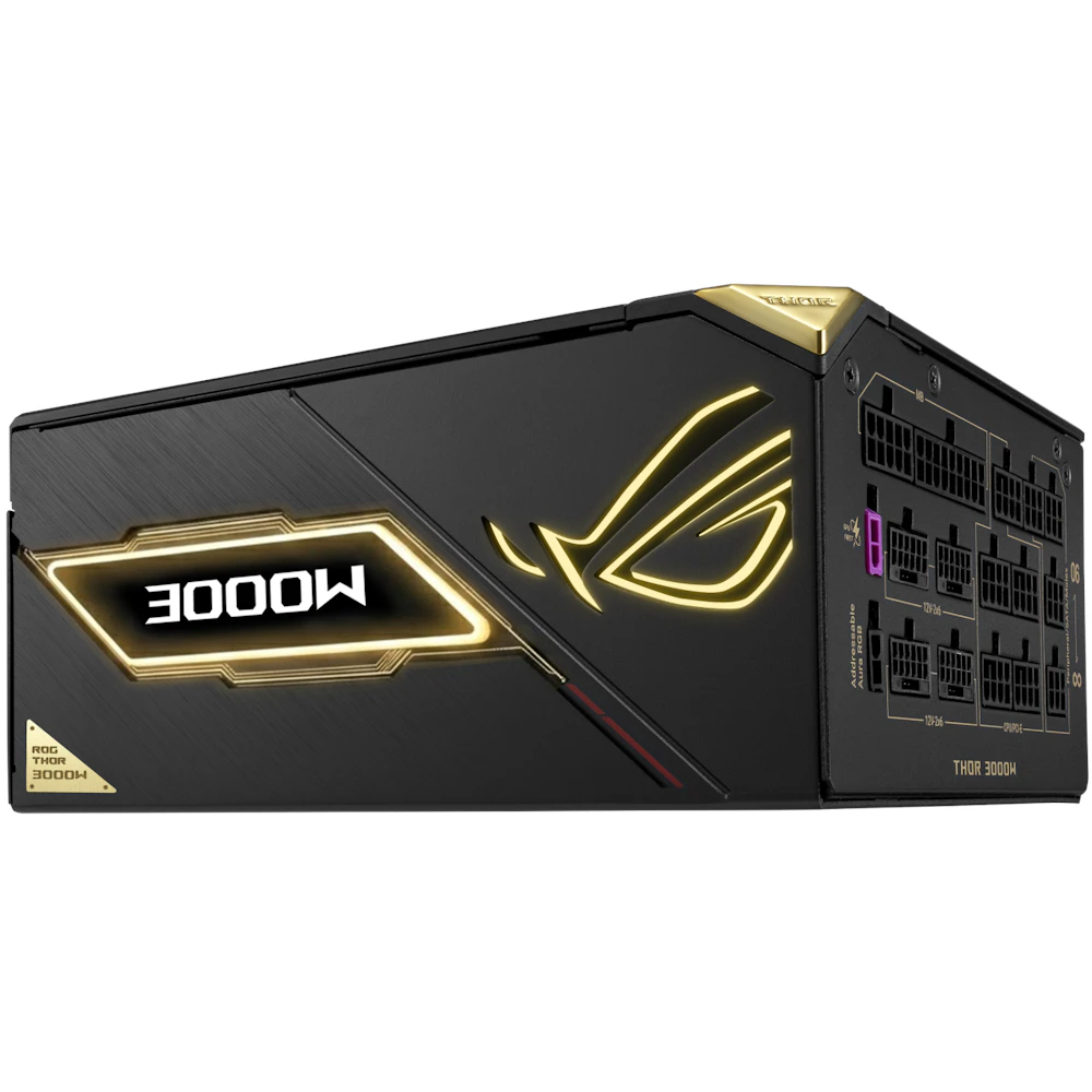 A large main feature product image of ASUS ROG Thor 3000W Titanium III PCIe 5.1 ATX Modular 15A PSU - Edition 20 w/ ROG Equalizer Cable