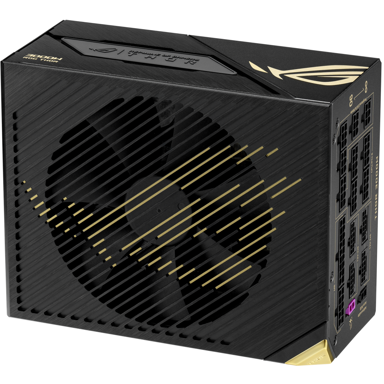 A large main feature product image of ASUS ROG Thor 3000W Titanium III PCIe 5.1 ATX Modular 15A PSU - Edition 20 w/ ROG Equalizer Cable