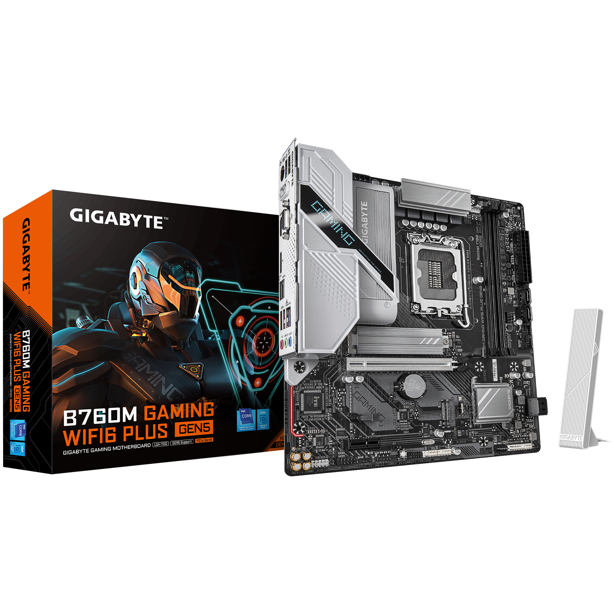 A large main feature product image of EX-DEMO Gigabyte B760M GAMING WiFi6 PLUS GEN5 LGA1700 mATX Desktop Motherboard