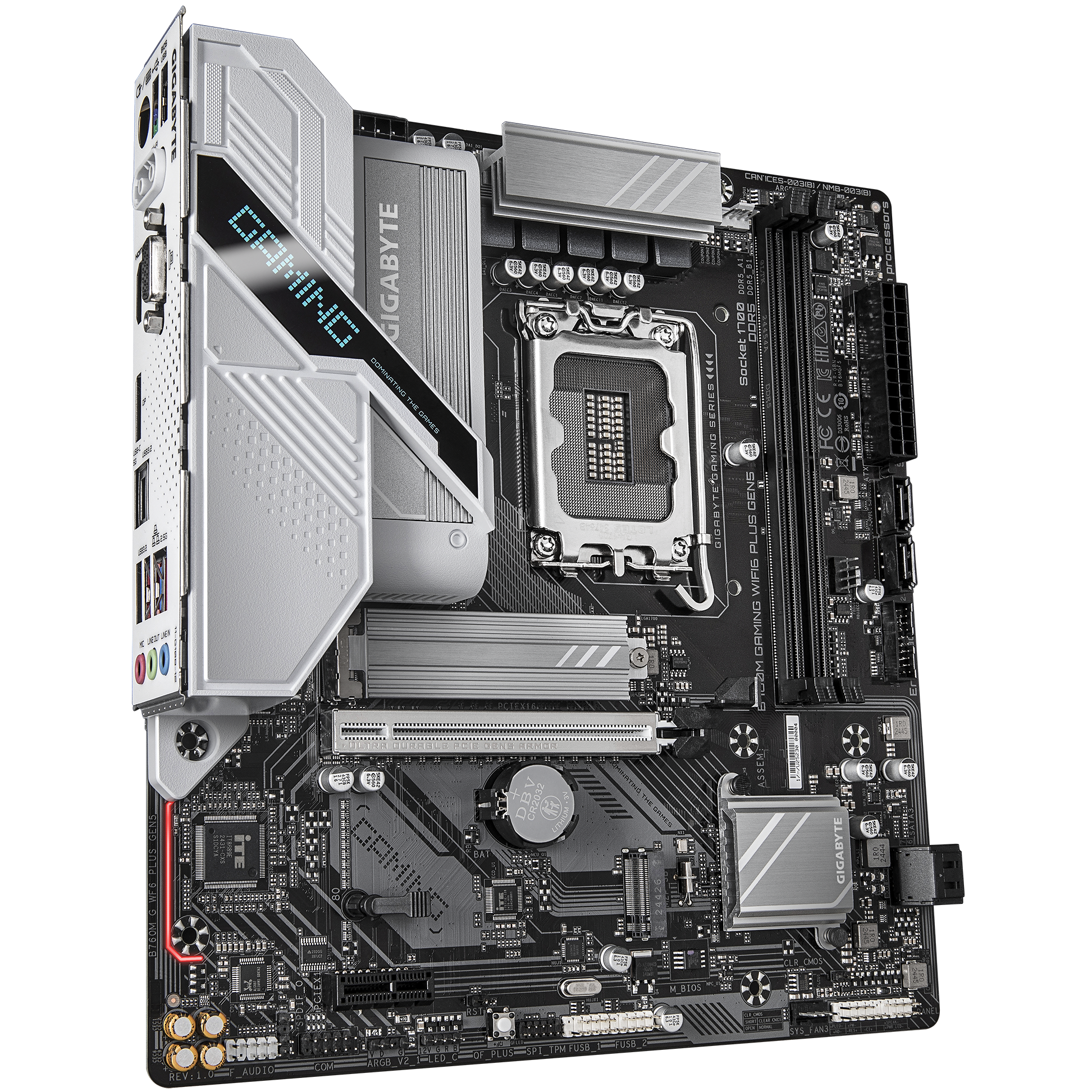 A large main feature product image of EX-DEMO Gigabyte B760M GAMING WiFi6 PLUS GEN5 LGA1700 mATX Desktop Motherboard