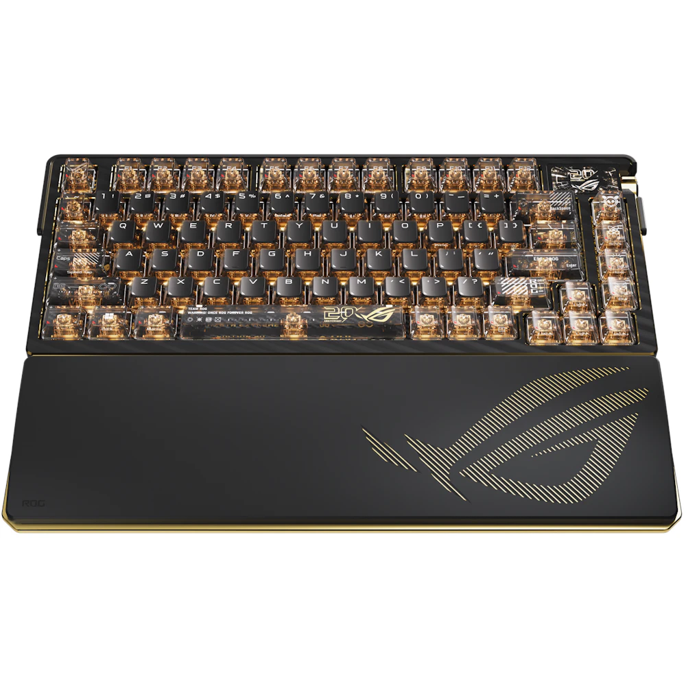 A large main feature product image of ASUS ROG Azoth Extreme 75% Hot-Swap RGB Wireless Mechanical Keyboard - Edition 20 Snow Switch