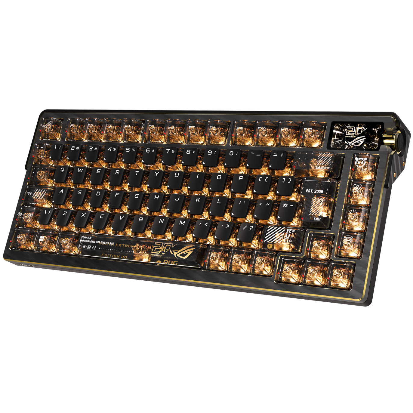 A large main feature product image of ASUS ROG Azoth Extreme 75% Hot-Swap RGB Wireless Mechanical Keyboard - Edition 20 Snow Switch