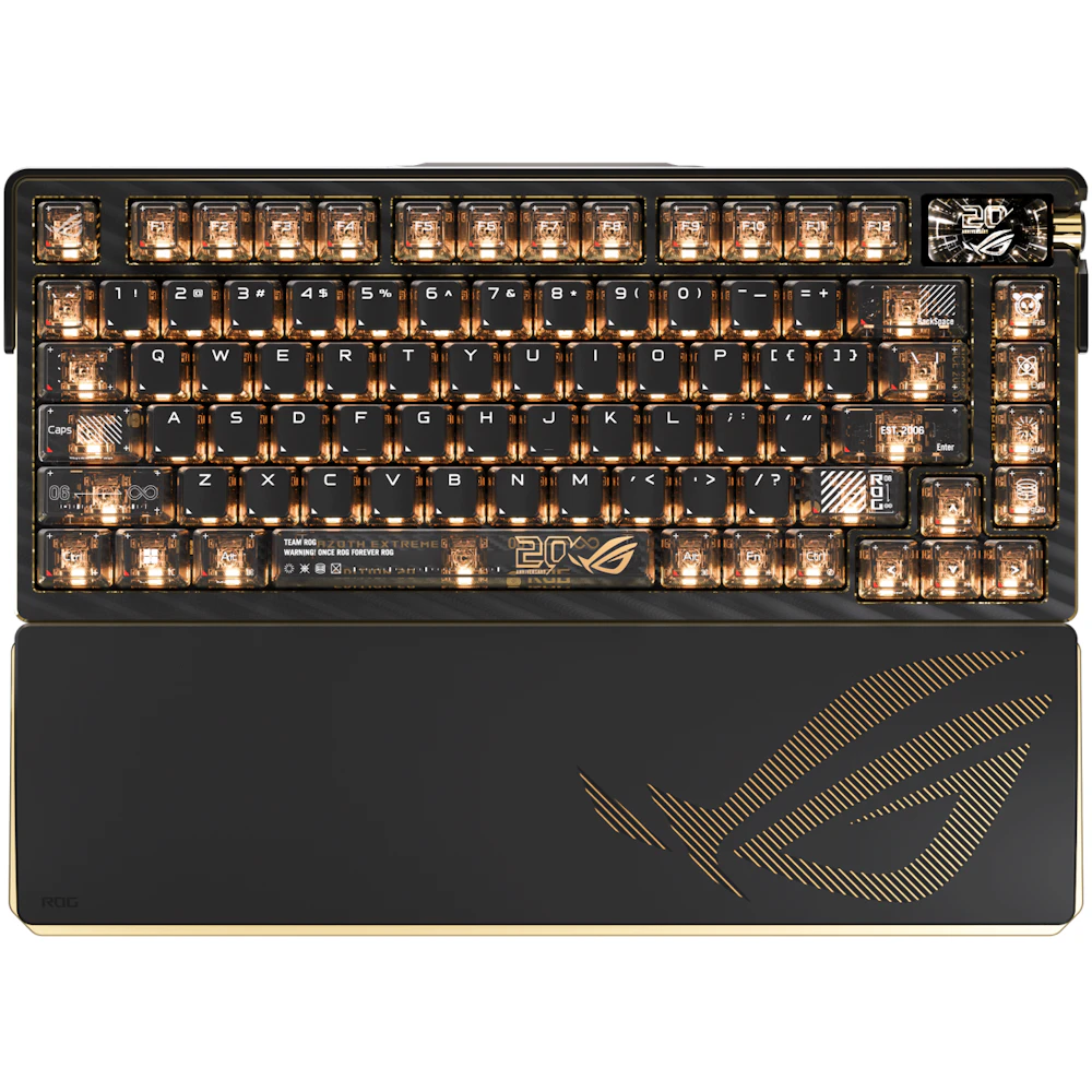 A large main feature product image of ASUS ROG Azoth Extreme 75% Hot-Swap RGB Wireless Mechanical Keyboard - Edition 20 Storm Switch