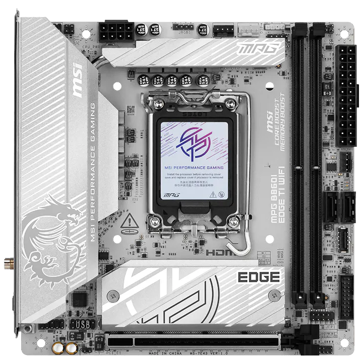 A large main feature product image of MSI MPG B860I Edge Ti WiFi LGA1851 Mini-ITX Desktop Motherboard