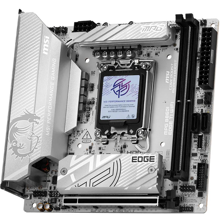 A large main feature product image of MSI MPG B860I Edge Ti WiFi LGA1851 Mini-ITX Desktop Motherboard