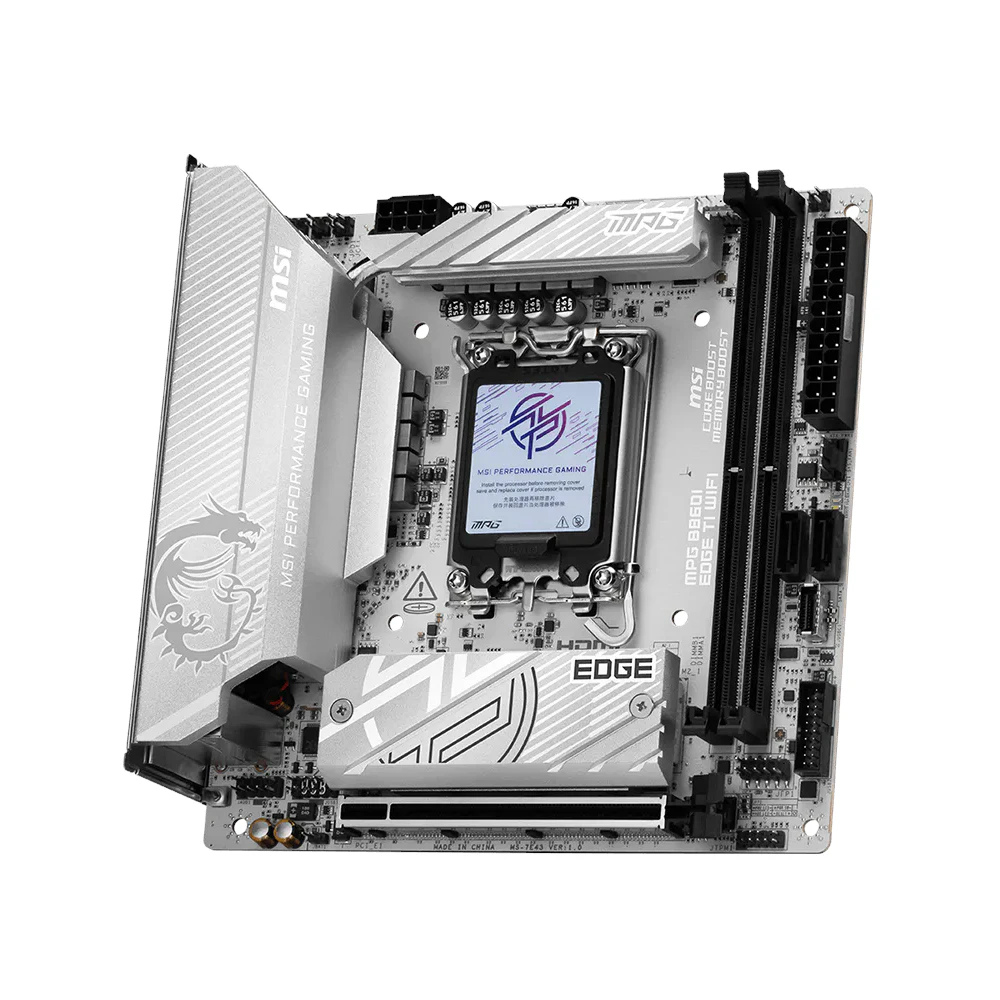 A large main feature product image of MSI MPG B860I Edge Ti WiFi LGA1851 Mini-ITX Desktop Motherboard