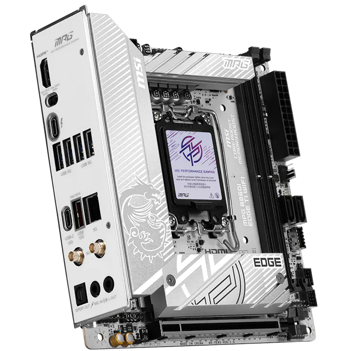 A large main feature product image of MSI MPG B860I Edge Ti WiFi LGA1851 Mini-ITX Desktop Motherboard