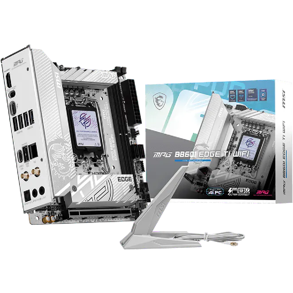 A large main feature product image of MSI MPG B860I Edge Ti WiFi LGA1851 Mini-ITX Desktop Motherboard