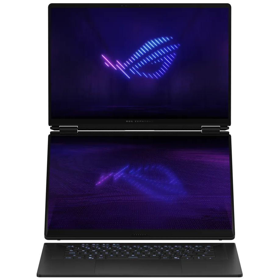 A large main feature product image of ASUS ROG Zephyus Duo (GX651) - Dual 16" 3K OLED 120Hz Touch, Ultra 9 386H, RTX 5070 Ti, 32GB/1TB - Win 11 Gaming Notebook
