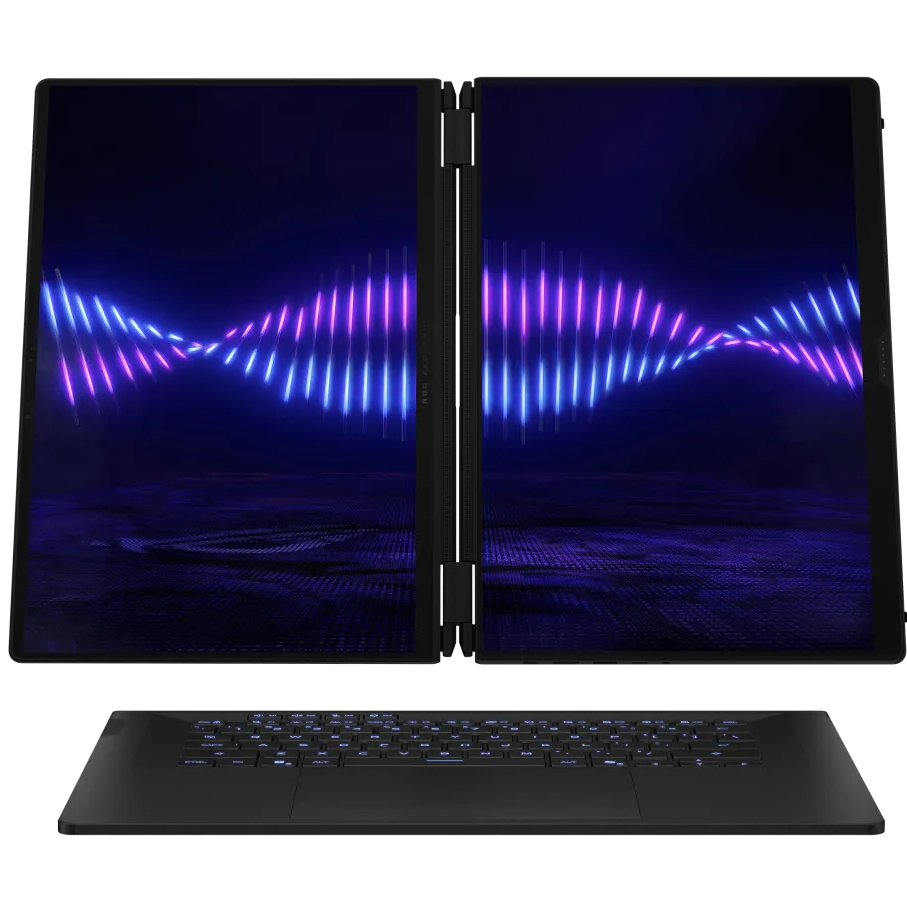 A large main feature product image of ASUS ROG Zephyus Duo (GX651) - Dual 16" 3K OLED 120Hz Touch, Ultra 9 386H, RTX 5070 Ti, 32GB/1TB - Win 11 Gaming Notebook