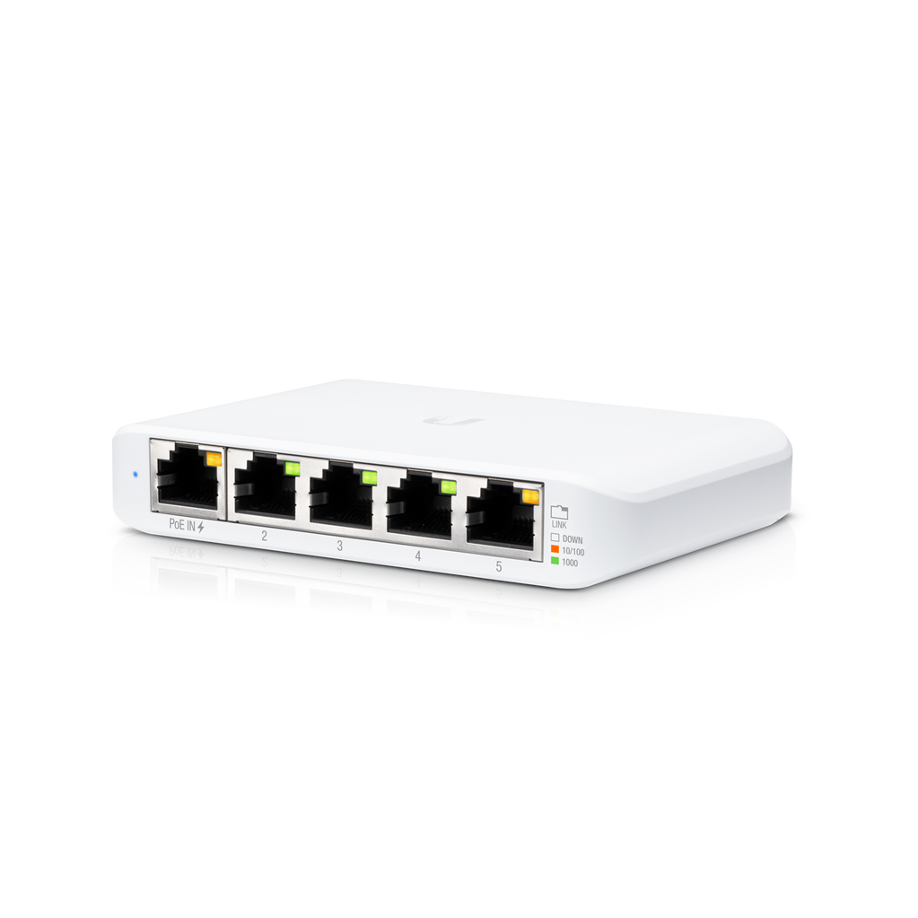 A large main feature product image of EX-DEMO Ubiquiti Unifi Flex Mini 5-Port 1GbE Layer 2 Switch