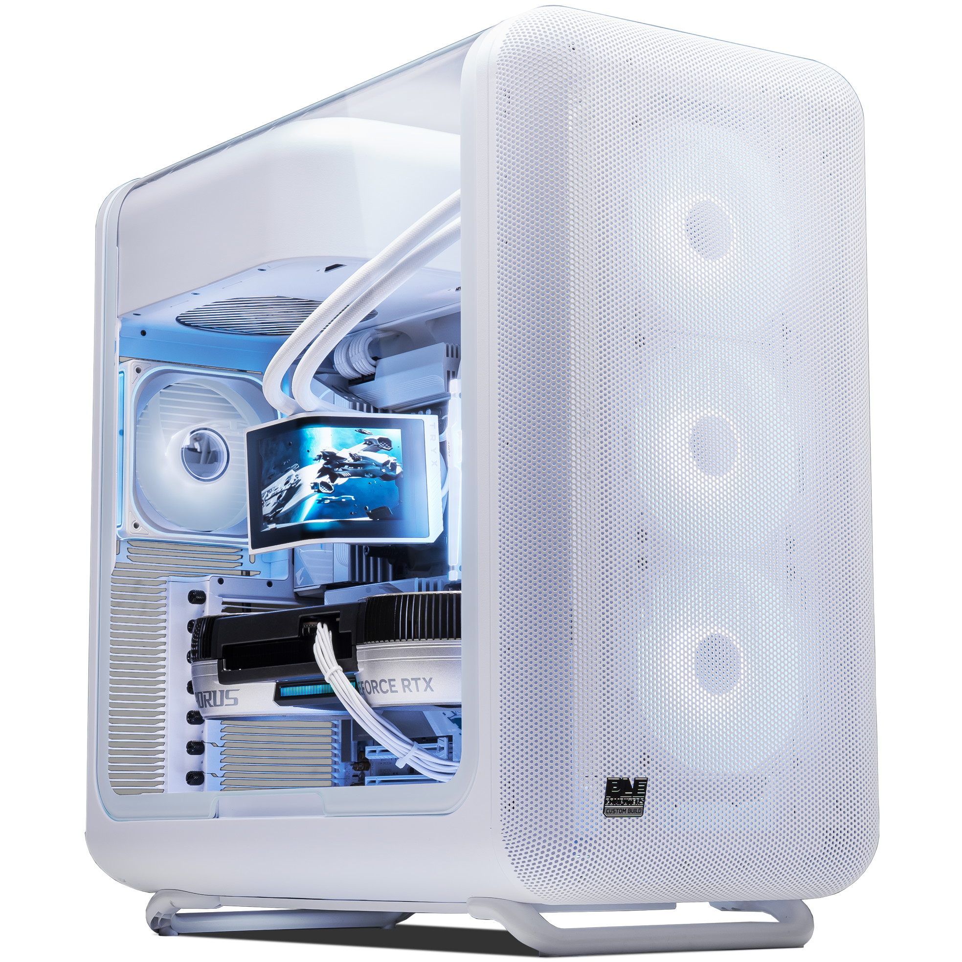 A large main feature product image of PLE Apollo RTX 5090 Prebuilt Ready To Go Gaming PC