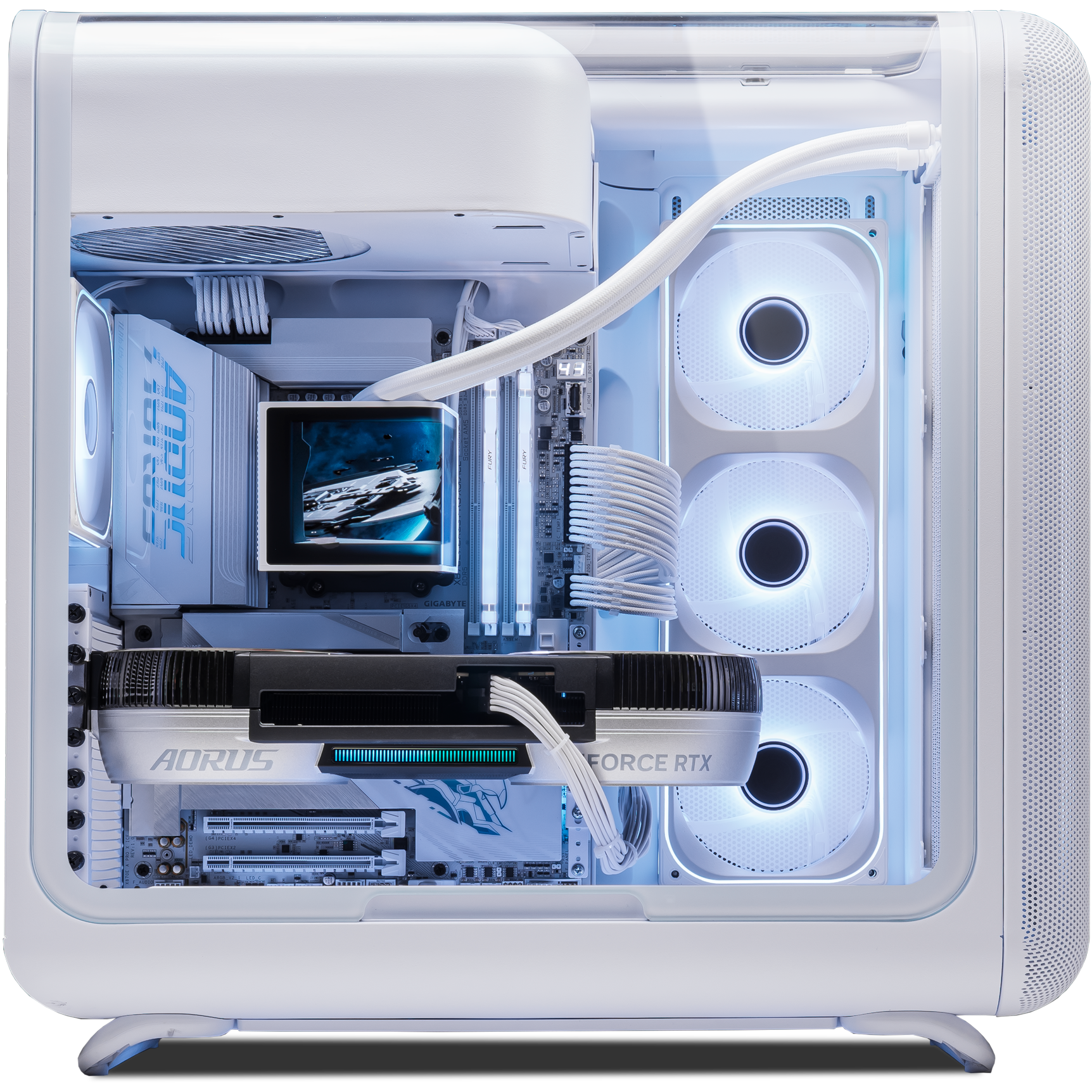 A large main feature product image of PLE Apollo RTX 5090 Prebuilt Ready To Go Gaming PC