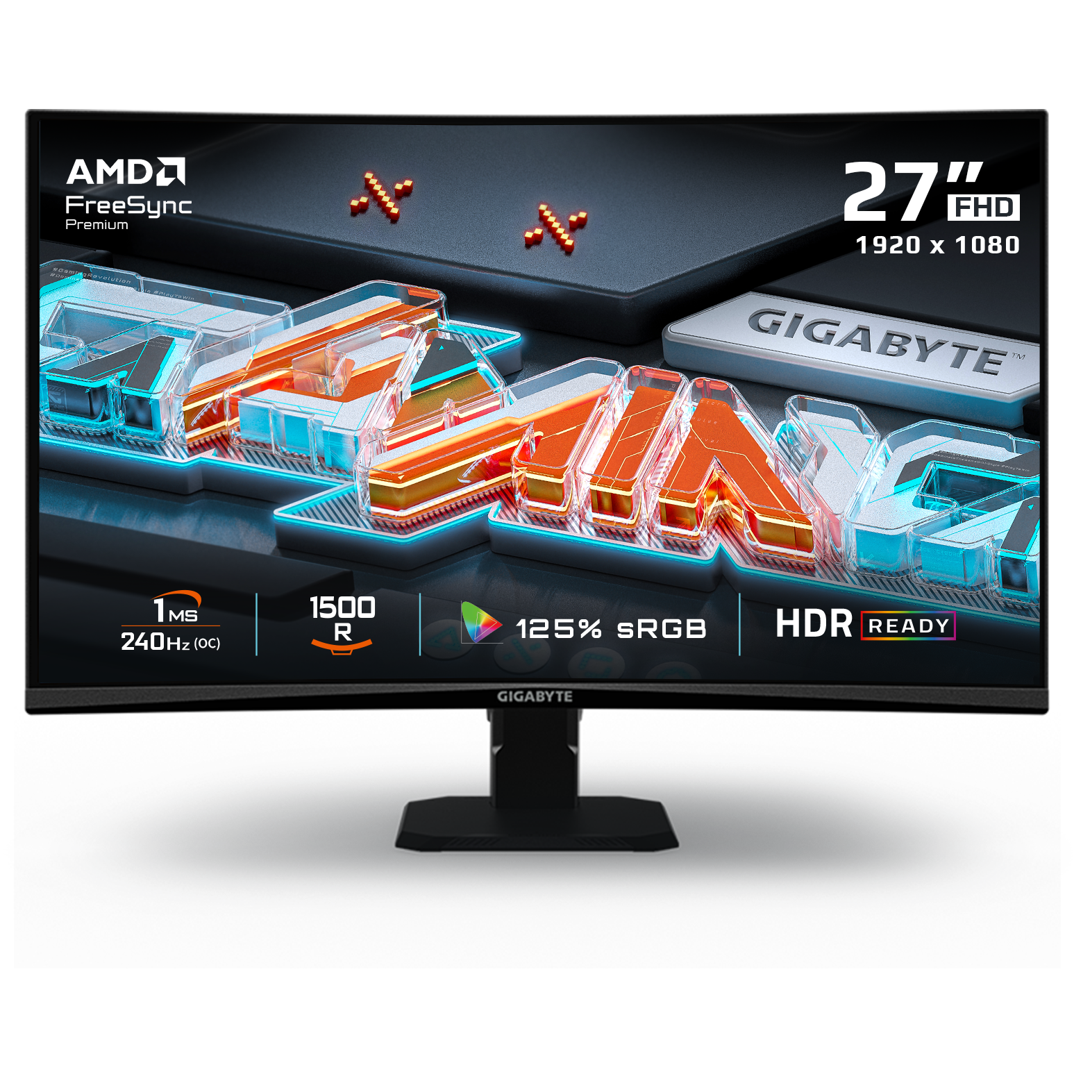 A large main feature product image of Gigabyte GS27FC2 - 27" Curved 1080p 240Hz VA Gaming Monitor