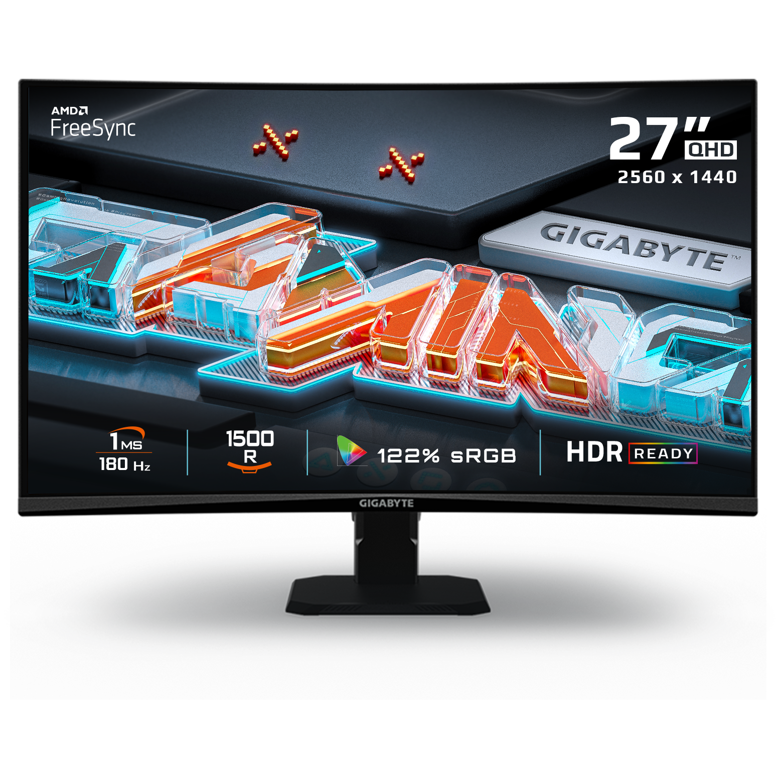 A large main feature product image of Gigabyte GS27QCA - 27" Curved 1440p 180Hz VA Gaming Monitor