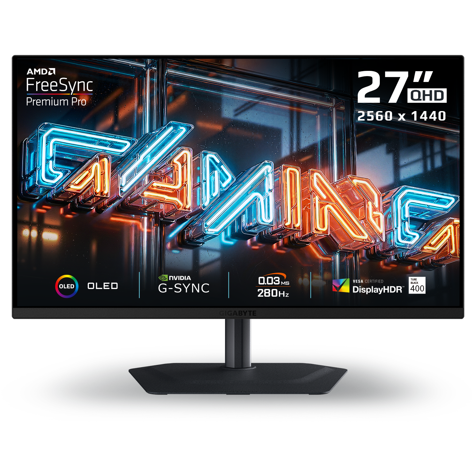 A large main feature product image of Gigabyte MO27Q2A QD-OLED - 27"  1440p 280Hz 0.03ms Gaming Monitor
