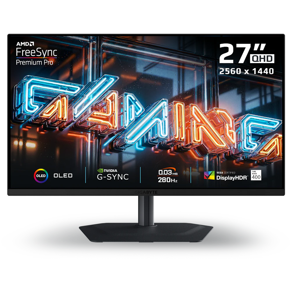 A large main feature product image of Gigabyte MO27Q2A QD-OLED - 27" 1440p 280Hz 0.03ms Gaming Monitor
