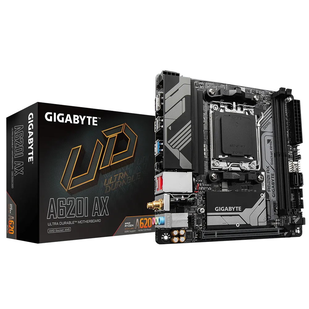 A large main feature product image of EX-DEMO Gigabyte A620I AX AM5 DDR5 Mini-ITX Desktop Motherboard