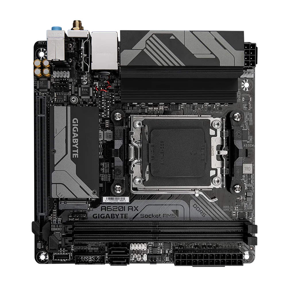 A large main feature product image of EX-DEMO Gigabyte A620I AX AM5 DDR5 Mini-ITX Desktop Motherboard