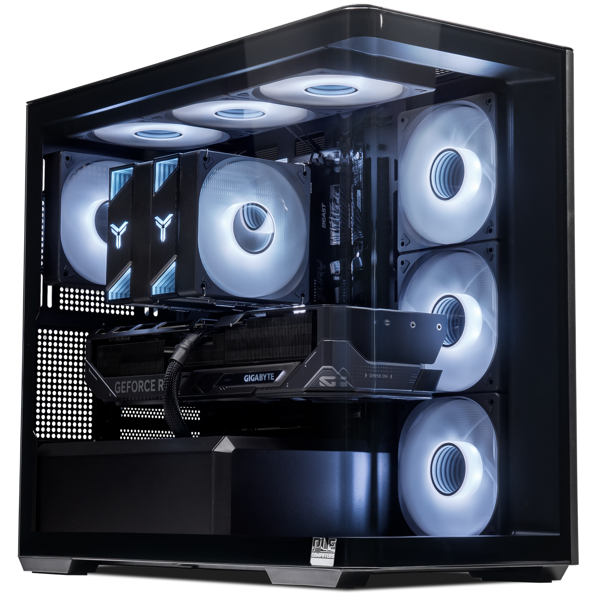 A large main feature product image of PLE Luna RTX 5080 Prebuilt Ready To Go Gaming PC