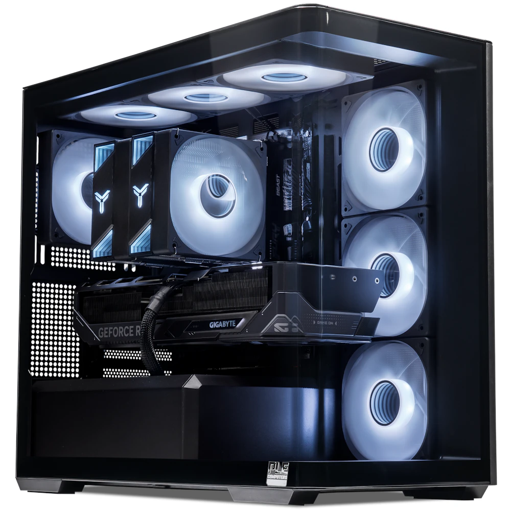 A large main feature product image of PLE Luna RTX 5080 Prebuilt Ready To Go Gaming PC