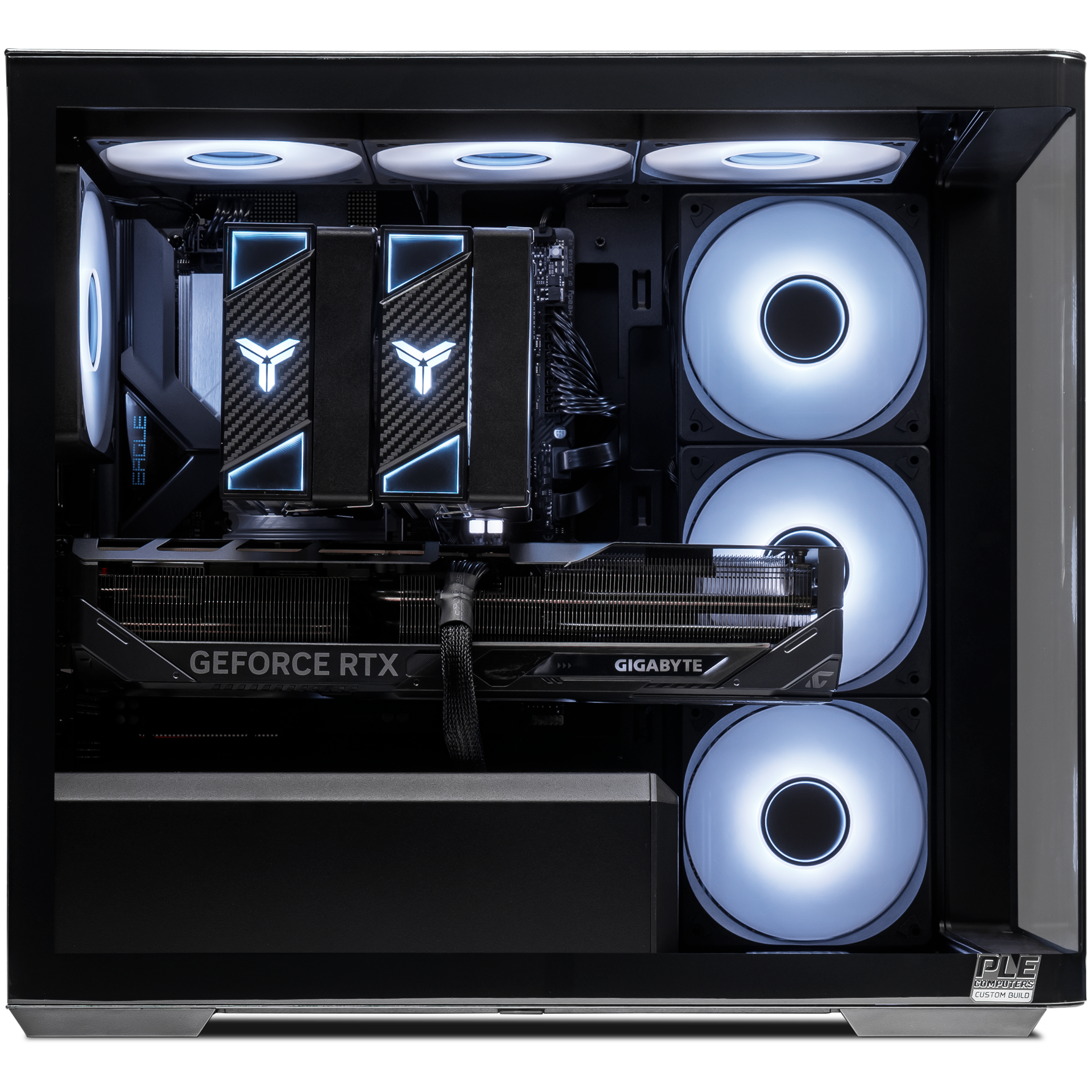 A large main feature product image of PLE Luna RTX 5080 Prebuilt Ready To Go Gaming PC