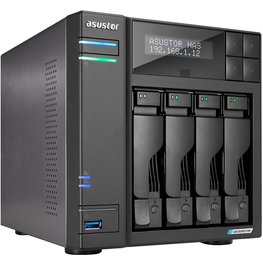 A large main feature product image of Asustor Lockerstor 2 Gen2+ 4 Bay NAS - 2.0GHz Quad-Core, 4GB RAM, 2x 5GbE