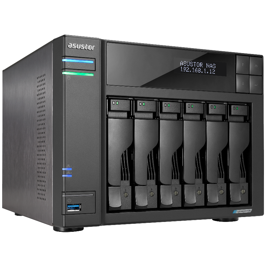 A large main feature product image of Asustor Lockerstor 6 Gen2 6 Bay NAS - 2.0GHz Quad-Core, 8GB RAM, 2x 2.5GbE