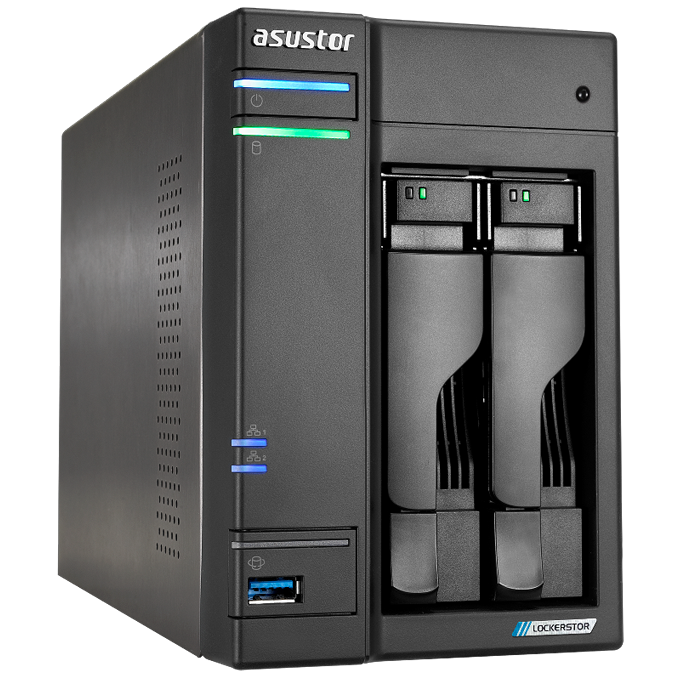 A large main feature product image of Asustor Lockerstor 2 Gen2 2 Bay NAS - 2.0GHz Quad-Core, 4GB RAM, 2x 2.5GbE