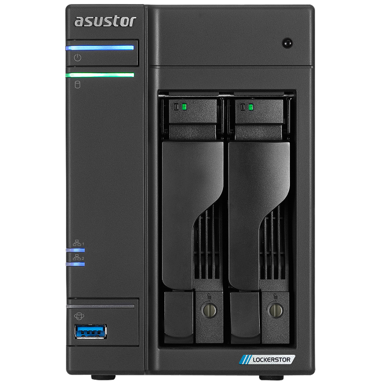 A large main feature product image of Asustor Lockerstor 2 Gen2 2 Bay NAS - 2.0GHz Quad-Core, 4GB RAM, 2x 2.5GbE