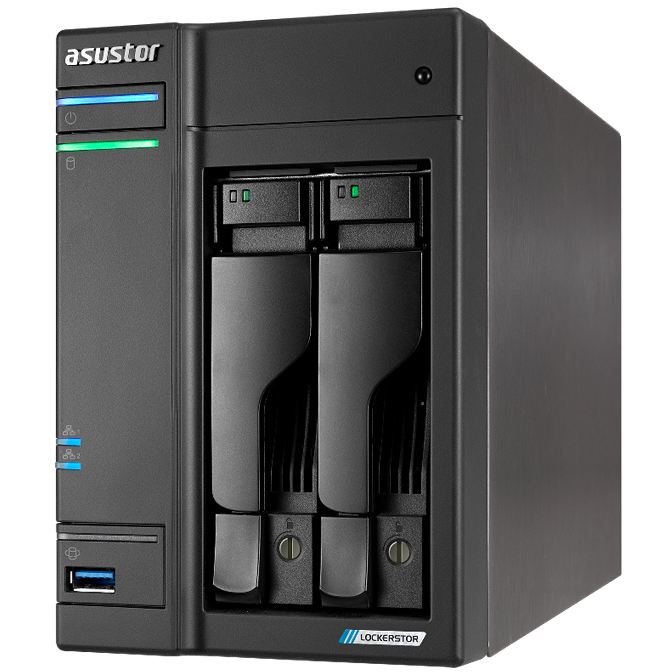 A large main feature product image of Asustor Lockerstor 2 Gen2 2 Bay NAS - 2.0GHz Quad-Core, 4GB RAM, 2x 2.5GbE