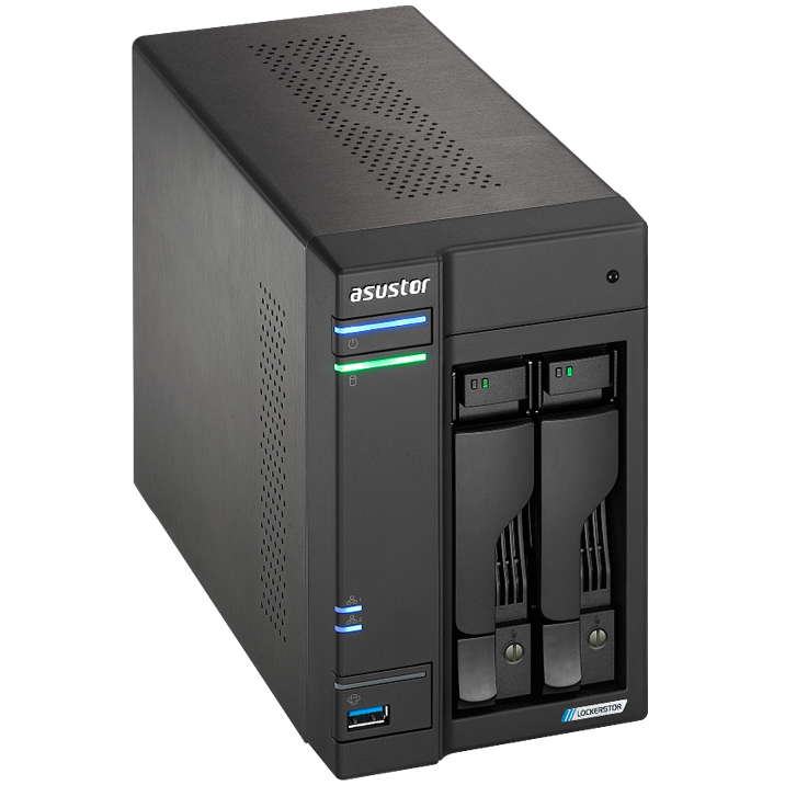 A large main feature product image of Asustor Lockerstor 2 Gen2 2 Bay NAS - 2.0GHz Quad-Core, 4GB RAM, 2x 2.5GbE