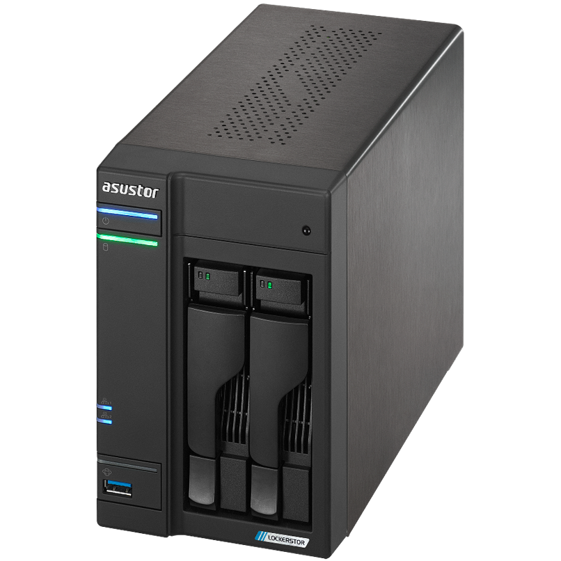 A large main feature product image of Asustor Lockerstor 2 Gen2 2 Bay NAS - 2.0GHz Quad-Core, 4GB RAM, 2x 2.5GbE