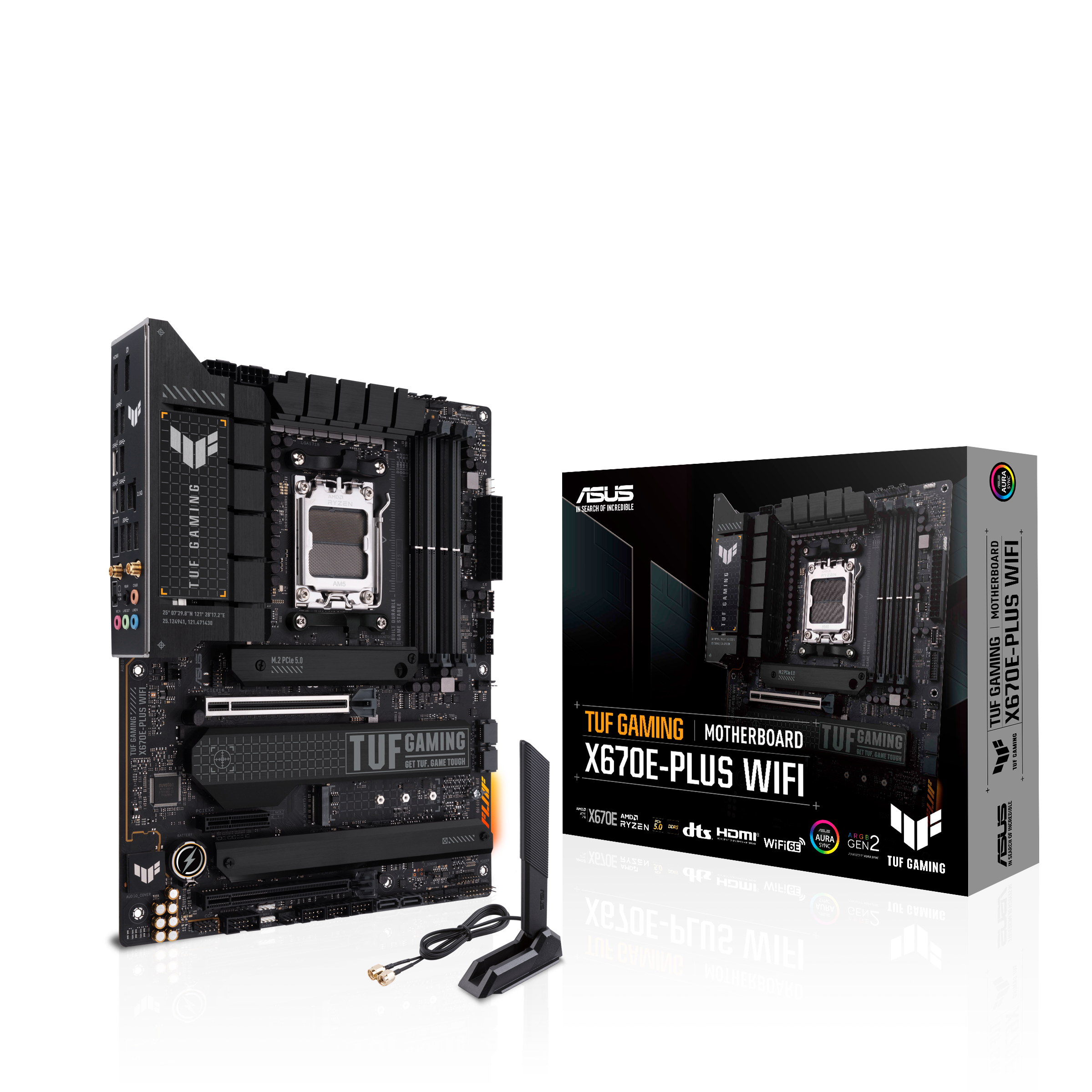 A large main feature product image of EX-DEMO ASUS TUF Gaming X670E-Plus WiFi AM5 ATX Desktop Motherboard