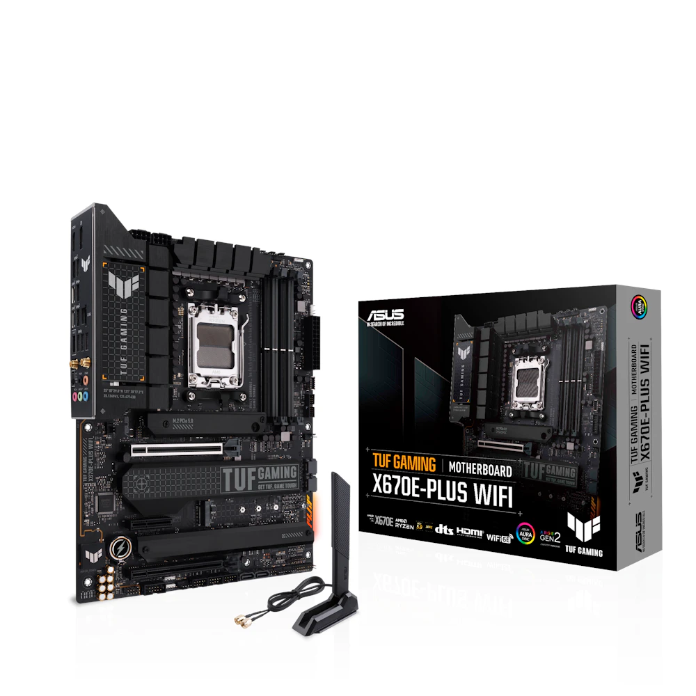 A large main feature product image of EX-DEMO ASUS TUF Gaming X670E-Plus WiFi AM5 ATX Desktop Motherboard