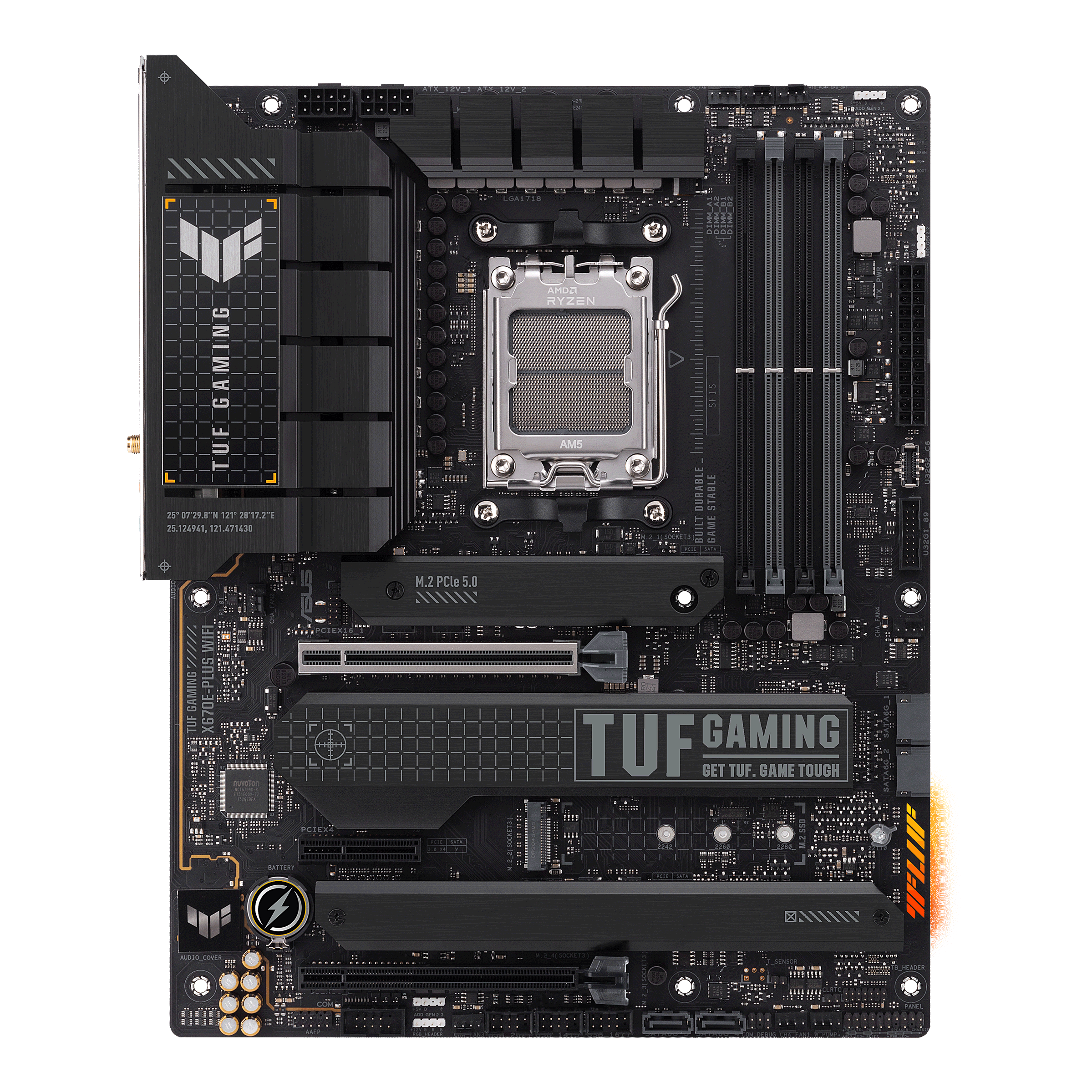 A large main feature product image of EX-DEMO ASUS TUF Gaming X670E-Plus WiFi AM5 ATX Desktop Motherboard