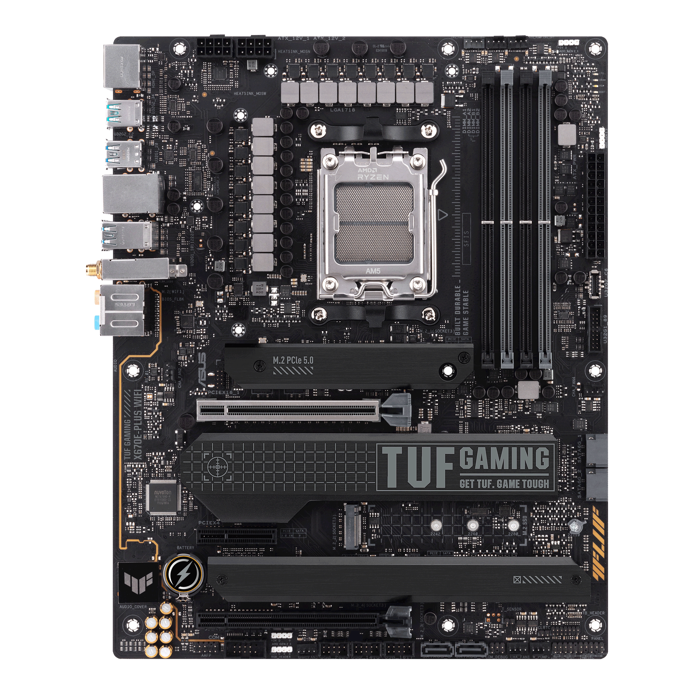 A large main feature product image of EX-DEMO ASUS TUF Gaming X670E-Plus WiFi AM5 ATX Desktop Motherboard
